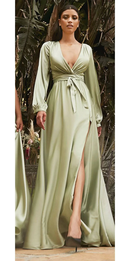 Deep V Neck Long Sleeve Satin Wrap Dress , Prom Dress C1393