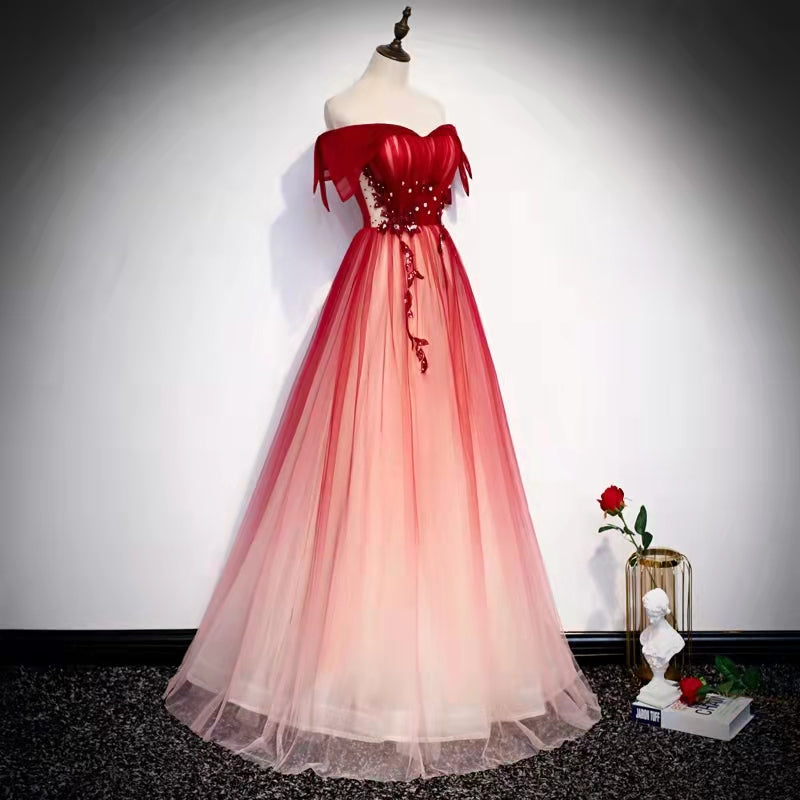 Burgundy off shoulder tulle long prom dress burgundy formal dress C2253