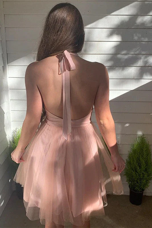 Tulle Short Pink Deep V Neck Backless Homecoming Dress c3237