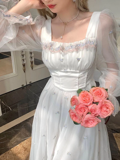 White Mesh Fairy Dress Woman French Vintage Embroidery Floral Flare Sleeve Princess Prom Dresses  c2876