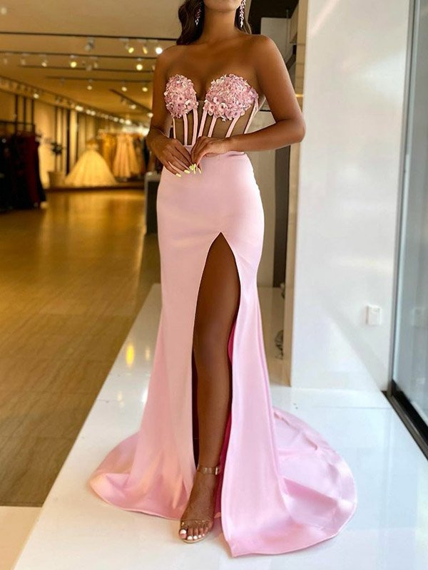 Embroidered Split-Joint Bandeau Prom Dress See-through Evening Dress c2612