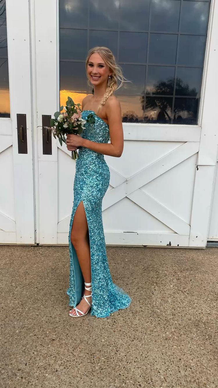 Strapless Sequins Long Prom Dress With Side Slit Sparkly Evening Dress  cc367