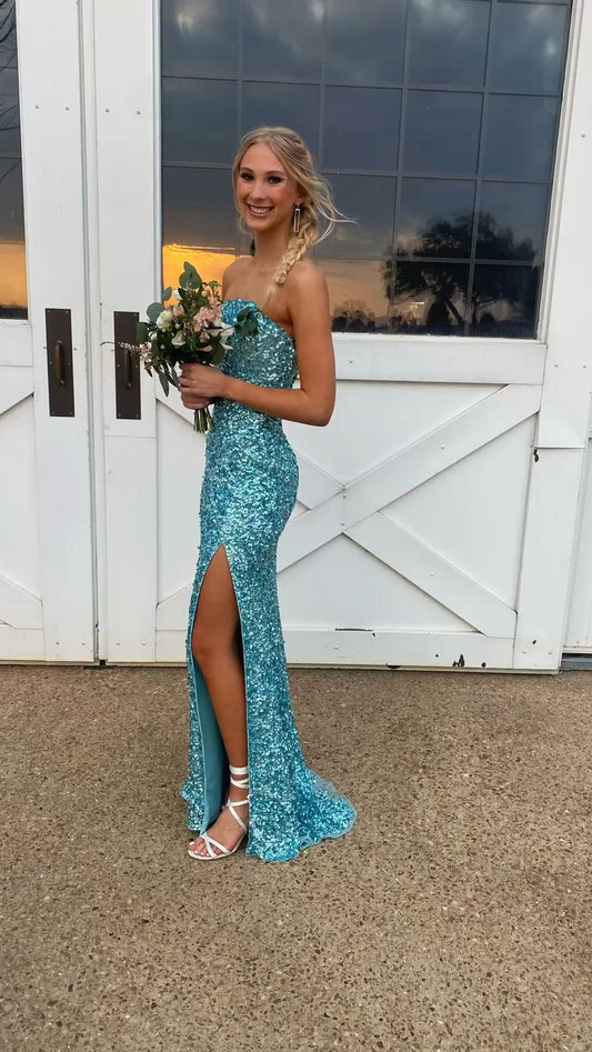 Strapless Sequins Long Prom Dress With Side Slit Sparkly Evening Dress  cc367