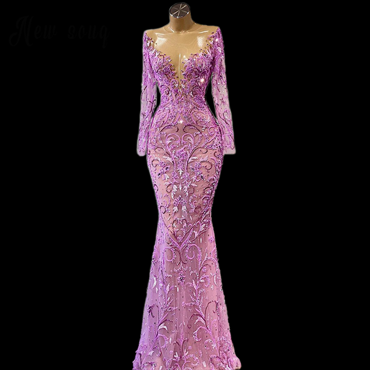 Long Sleeve Women's Evening Dress Purple Mermaid Evening Gowns Handmade Beaded Wedding Evening Dress c2871