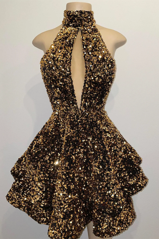Gold Sequin Halter Keyhole A-Line Short Homecoming Dress c3130