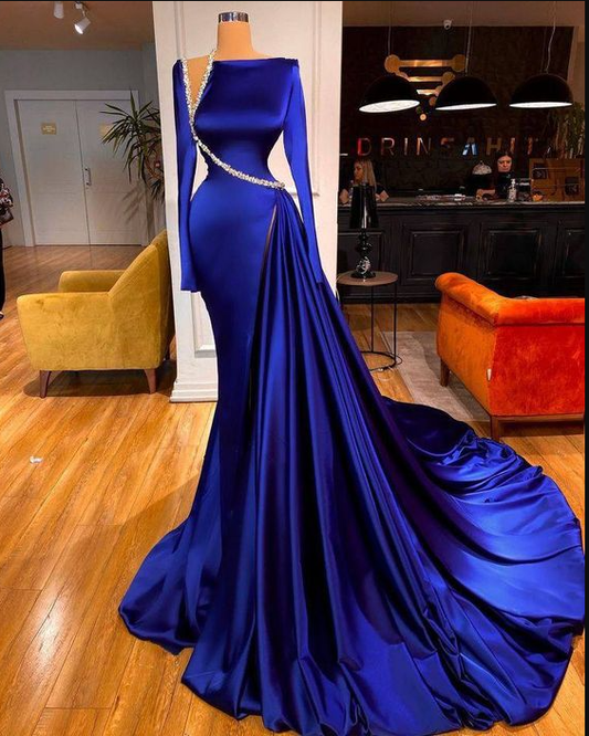 Elegantes modest evening dresses long sleeve royal blue beaded luxury elegant formal party dresses women evening dress C2393