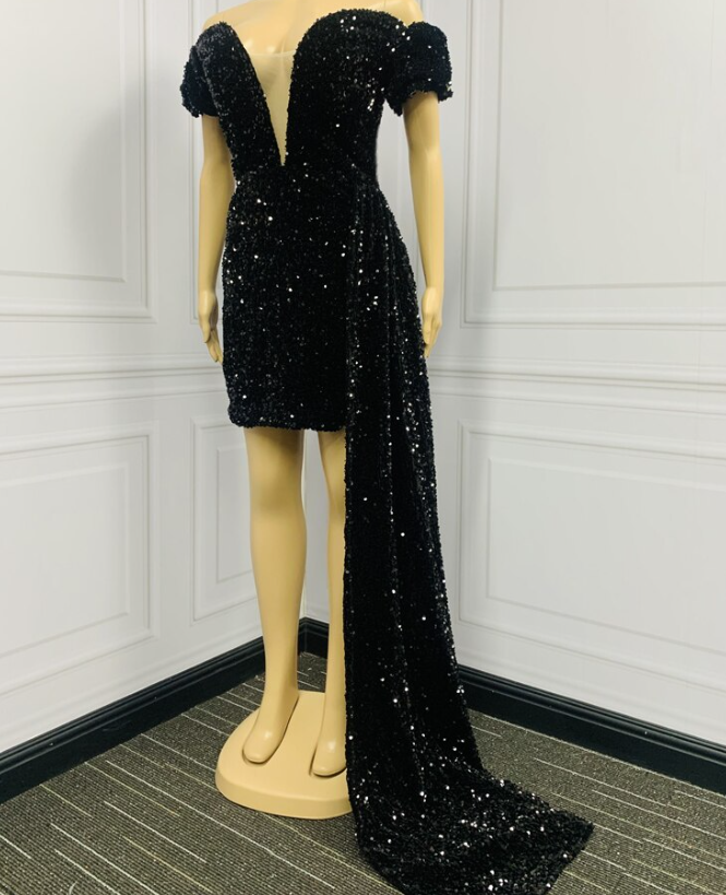 Women Black Sequins Prom Dresses Skirt Black Girl Formal Party Cocktail Homecoming Dress Robe De Princess c2552