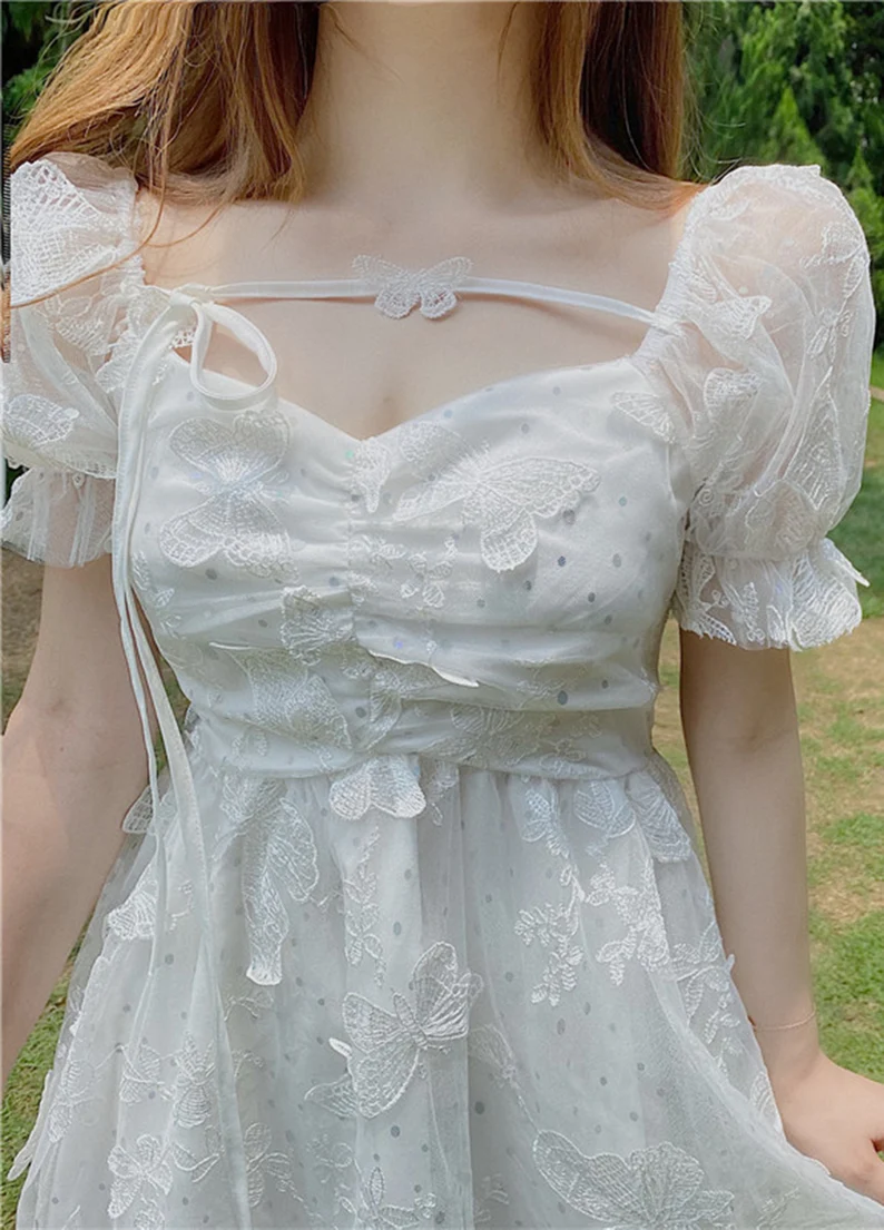 Butterfly White Summer Dress, White Homecoming Dress, Bohemian Summer Beach Sundress c2999