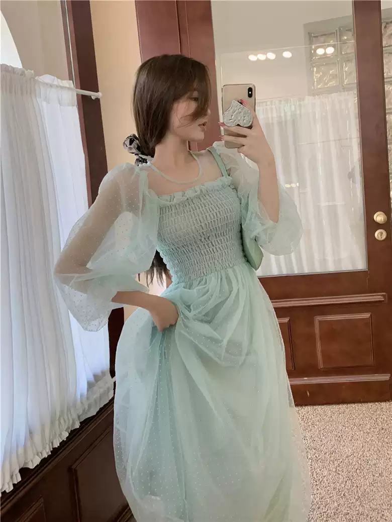 Light green skirt hollow French super fairy puff sleeve polka dot mesh dress sexy party dress cc292