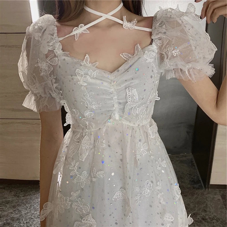 Butterfly White Summer Dress, White Homecoming Dress, Bohemian Summer Beach Sundress c2999