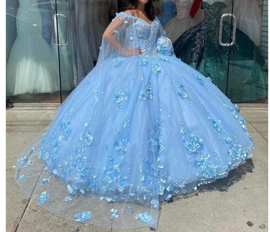 Vintage Baby Blue 3D Floral Flowers Quinceanera Dresses Mexican with Cape Robe Corset Ball Gown C2446