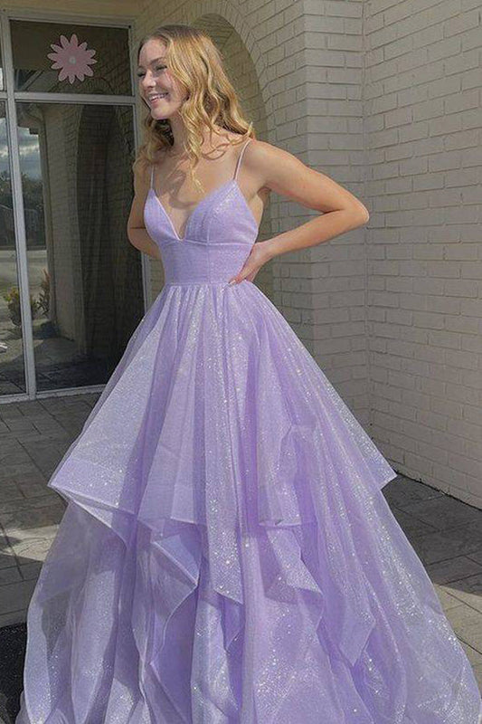 Sparkly Spaghetti Straps Lavender Tulle Long Prom Dress C2333