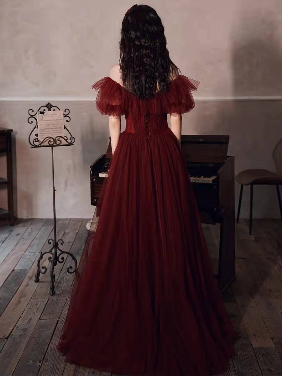 Burgundy tulle long prom gown formal dress C1569