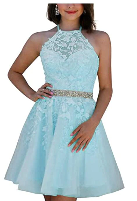 Corset Halter Short Graduation Dress White Lace Cocktail Party Dress for Junior Girls Beaded Belt  c3427