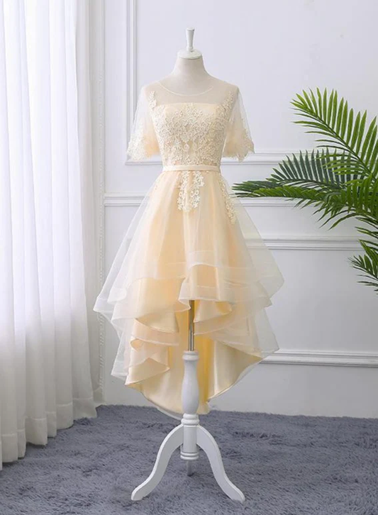 Adorable Light Champagne High Low Party Dress with Lace Applique, Short Homecoming Dress c2693