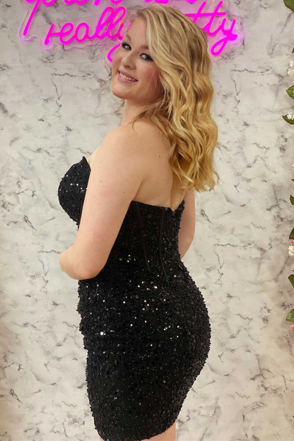 Black Sequin Strapless Tight Mini Homecoming Dress c3246