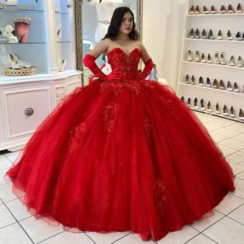 Red Quinceanera Dresses Sweetheart Lace Appliques Sweet 16 Dress Ball Gowns c3263