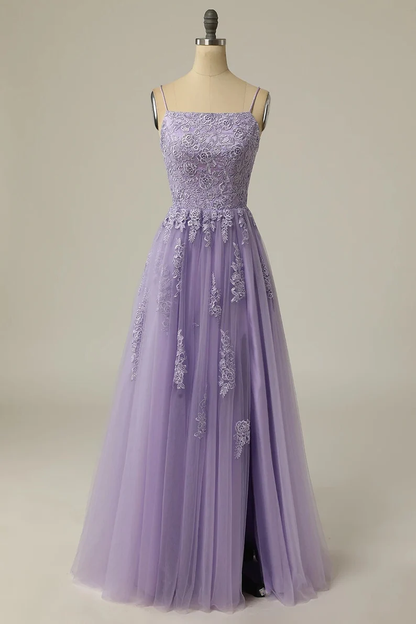 A Line Bateau Appliques Spaghetti-Straps Sleeveless Prom Dresses cc420