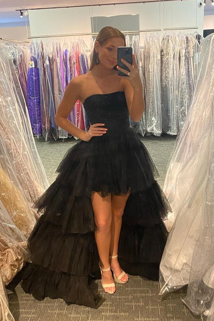 Black High Low Tulle Prom Dress, Black Tulle High Low Formal Evening Dresses cc300