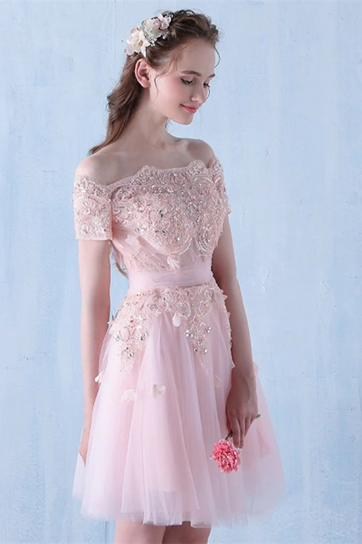 Pink Off the Shoulder Tulle Short Prom Dress with Beading, A Line Homecoming Dress c2997
