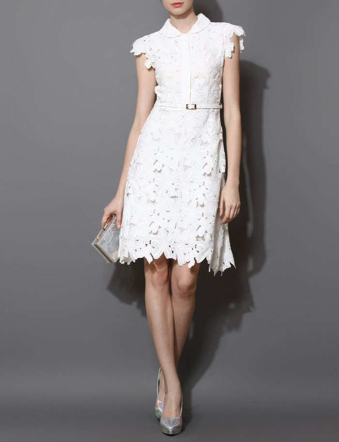 Full flower cut off midi dress women White Lace Midi Mid-Length Night Out Homecoming Dress c2615