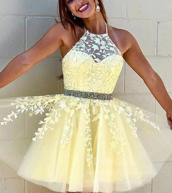 Corset Halter Short Graduation Dress White Lace Cocktail Party Dress for Junior Girls Beaded Belt  c3427