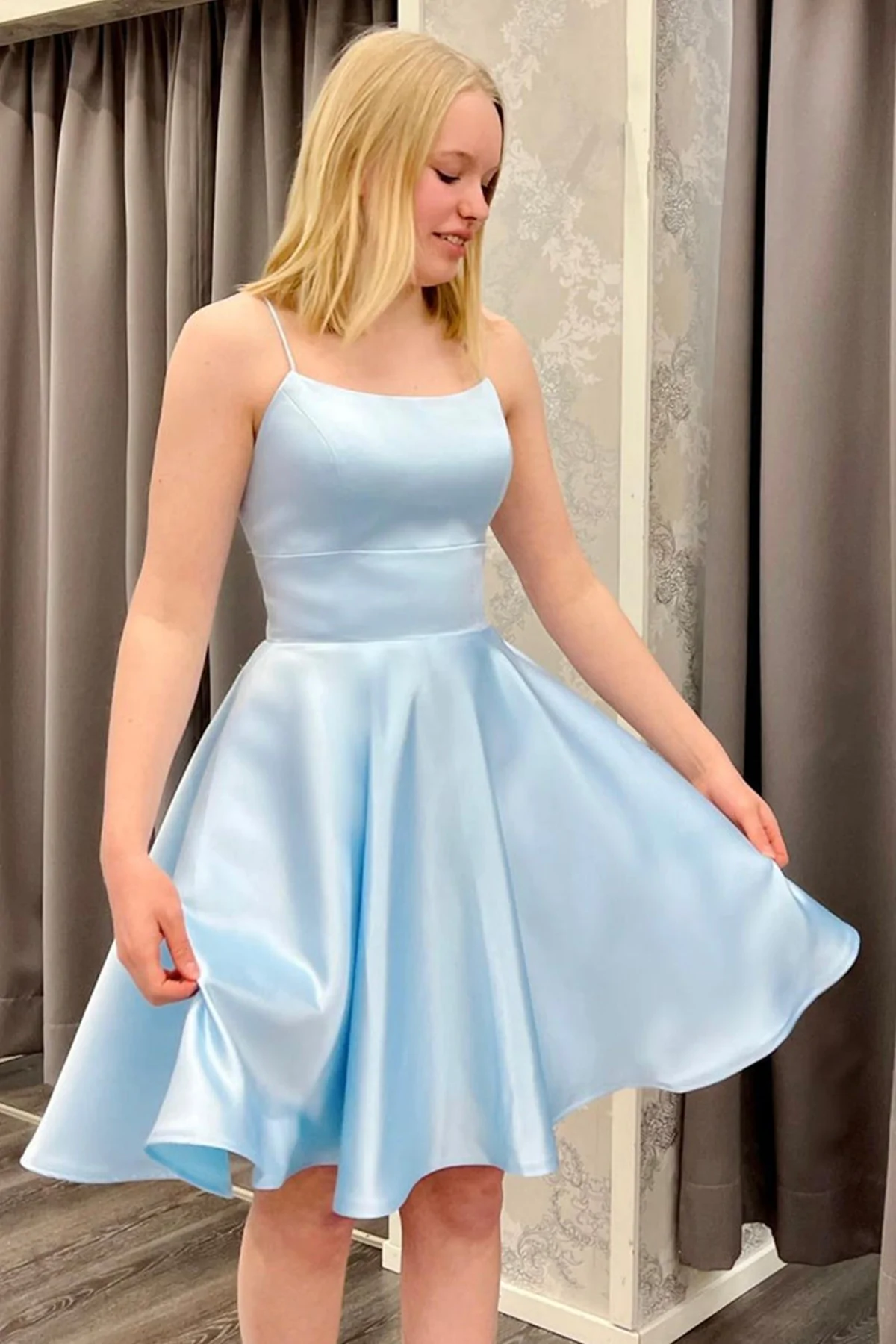 Spaghetti Straps Short Light Blue Satin Homecoming Dresses, Light Blue Formal Graduation Evening Dresses c3206