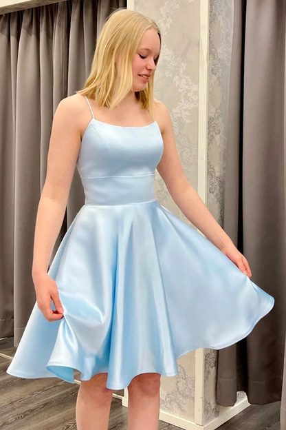 Spaghetti Straps Short Light Blue Satin Homecoming Dresses, Light Blue Formal Graduation Evening Dresses c3206