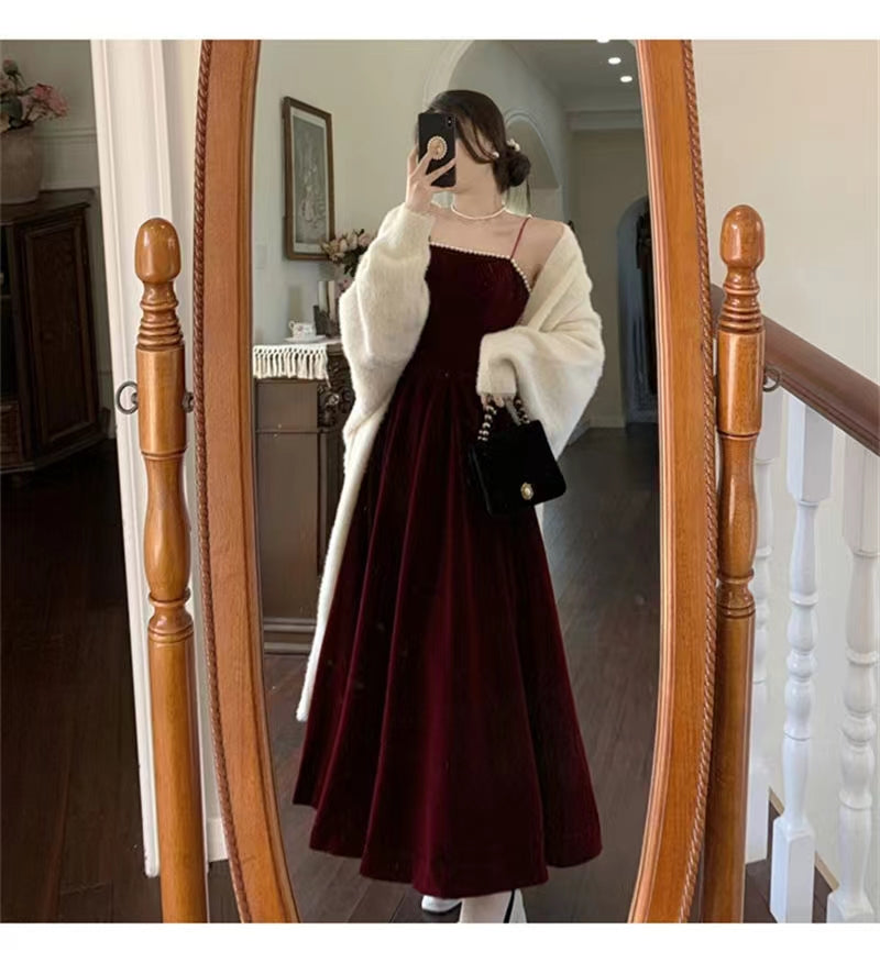 Spaghetti Straps Burgundy Velvet Prom Dress Simple Prom Dress Party Dress C2320