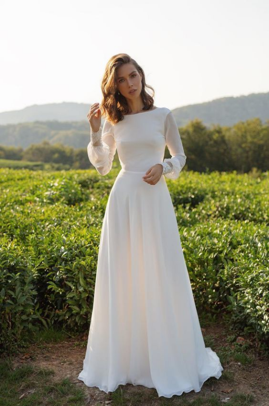 White Chiffon Simple Prom Dress Wedding Dress Open Back Prom Dress With Long Sleeves c3334