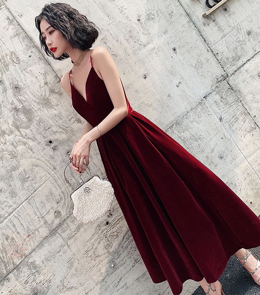 Burgundy v neck velvet short prom dress c2517