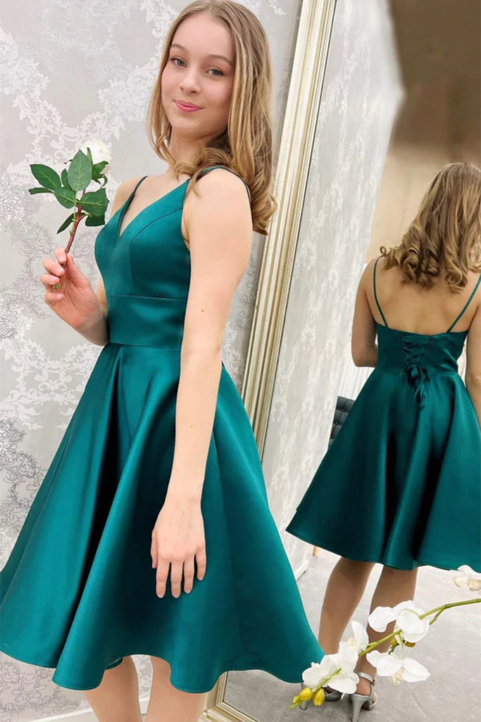 Cute V Neck Short Green Satin Homecoming Dress c3437