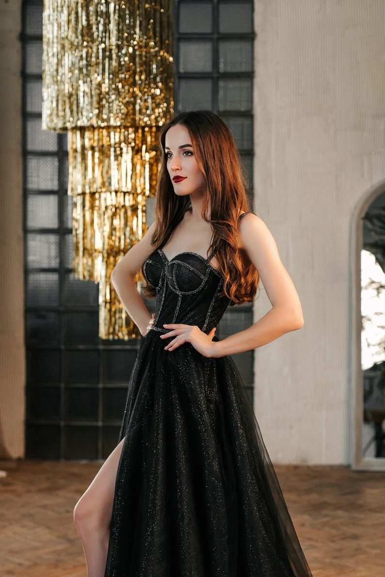 Black tulle sweetheart neck long prom dress, black tulle formal dress cc369