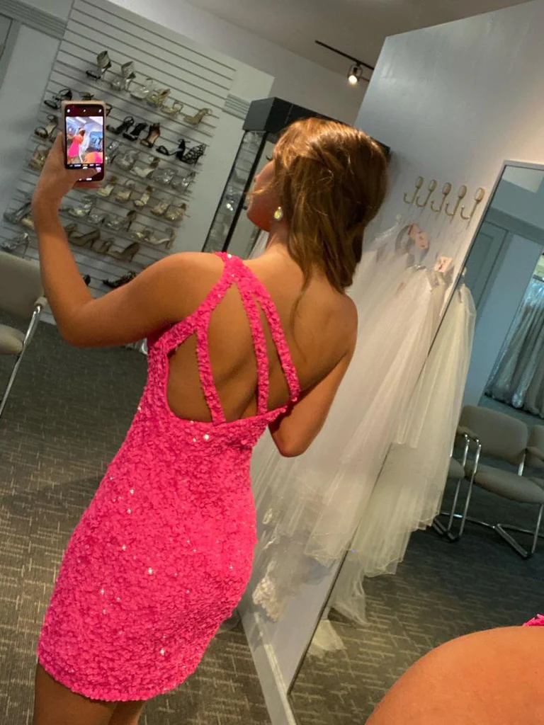 Unique Sequins Lace One-shoulder Sheath Homecoming Dresses c2889