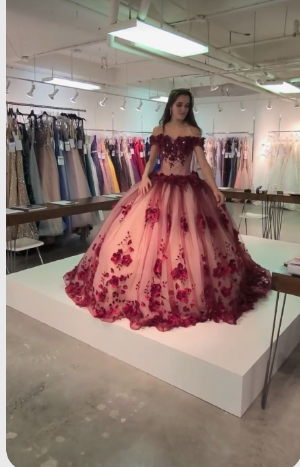 Red tulle flower strapless off the shoulder long train prom ball gown Sweet 16 Dress c2754