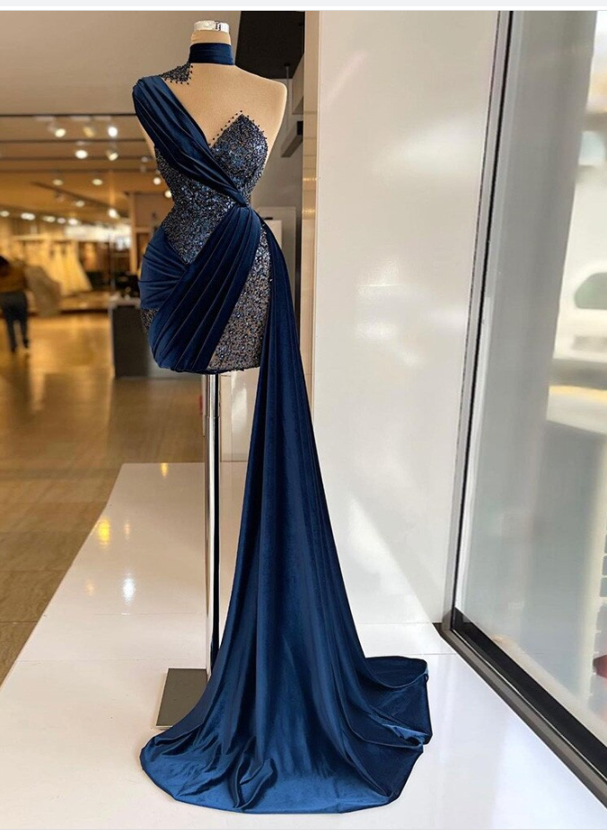 Navy Blue Velvet Sparkly Short Formal Train One Shoulder Short Prom Dresses Pleated Evening Gowns Sexy Party Dress c3075
