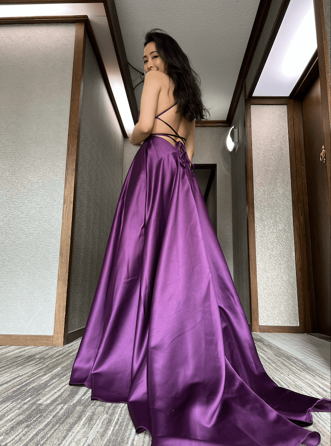 A-Line / Princess Scoop Neck Sweep Train Satin Prom Dress With Split Front c2897