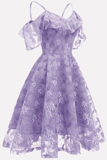 Light-purple Ruffles Lace Cold Chic Shoulder Chic A Line Homecoming Dress c3148