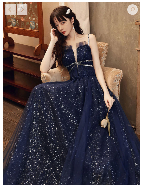 Blue tulle A line sequin long prom dress, blue tulle formal dress C2378