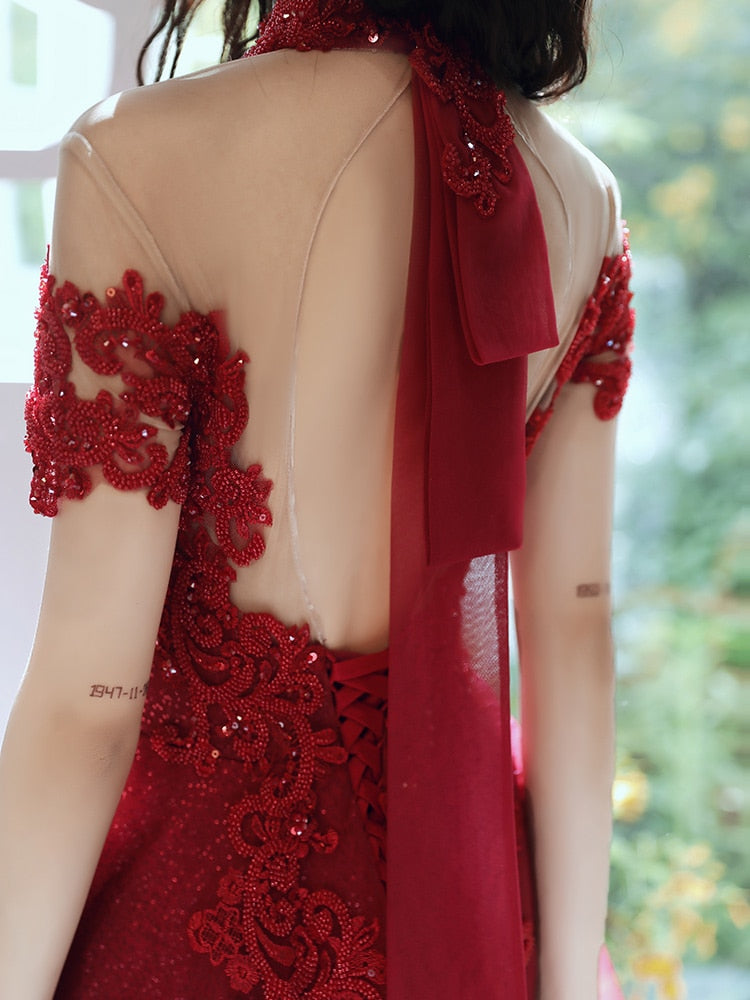 Luxury Burgundy High Neck Beading Evening Dress C2360