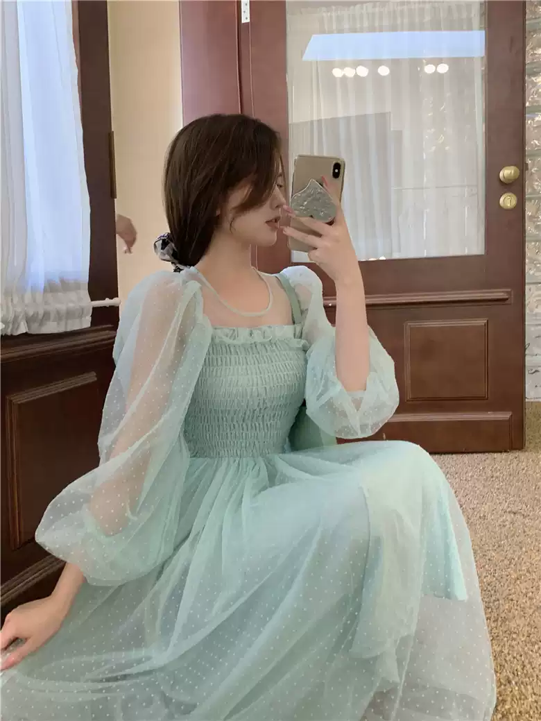 Light green skirt hollow French super fairy puff sleeve polka dot mesh dress sexy party dress cc292
