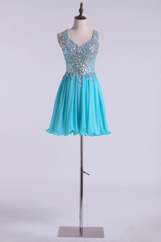 Blue Short Halter A Line Homecoming Dresses Lace&Chiffon Beaded Bodice c2605