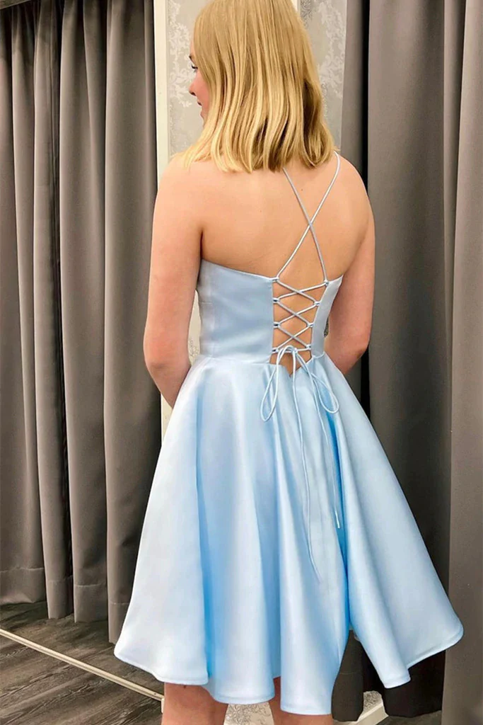 Cute Backless Short Light Blue Satin Homecoming Dress c3447