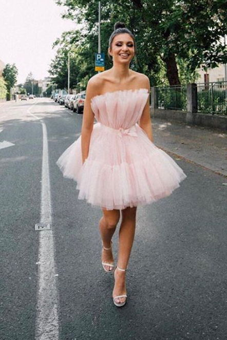 Strapless Pink Tulle Short Homecoming Dress, Princess Sleeveless Party Dress c3039