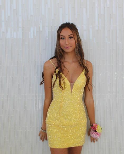 Tight Yellow Beaded Party Dress Homecoming Dress c2630