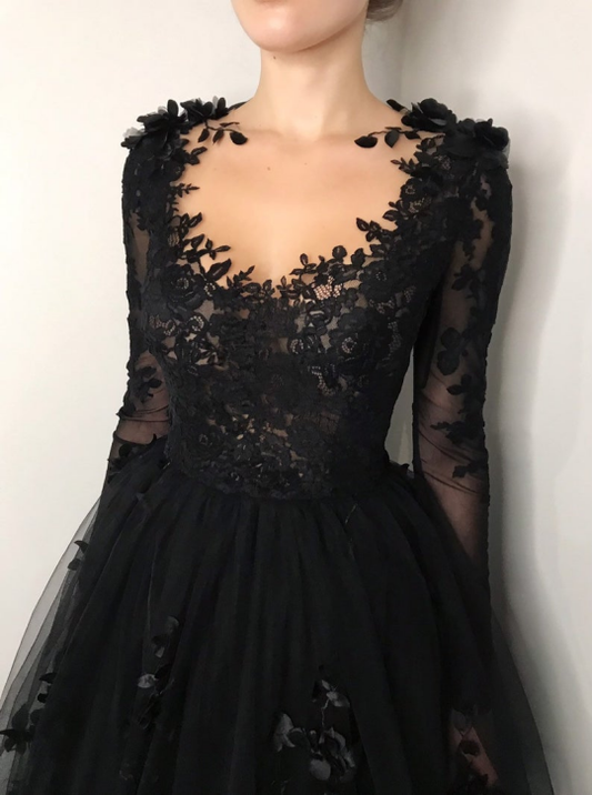 Black Long Prom Dress Gothic style Wedding Dress Tulle Evening Dress c3301