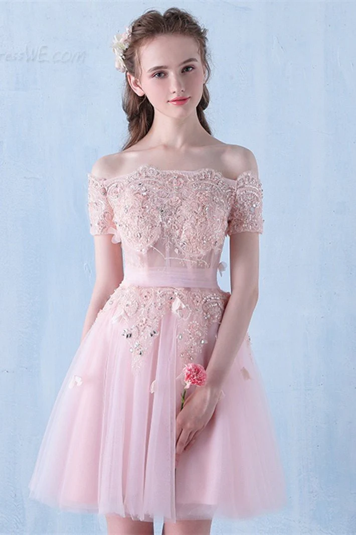 Pink Off the Shoulder Tulle Short Prom Dress with Beading, A Line Homecoming Dress c2997