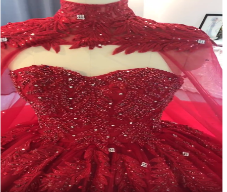 Red Ball Gown With Cape And Beads, Luxury Prom Dress C1888