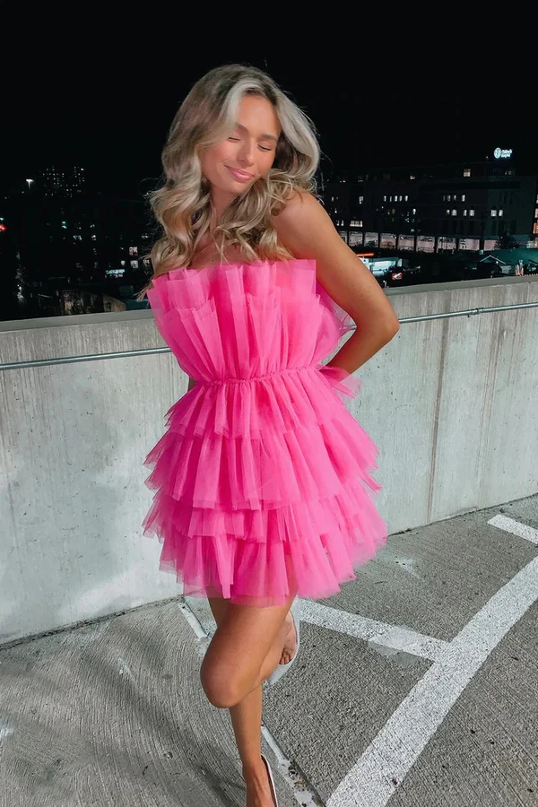 Hot Pink Strapless Tiered Short Homecoming Dress, A Line Sweet 16 Dress c2777