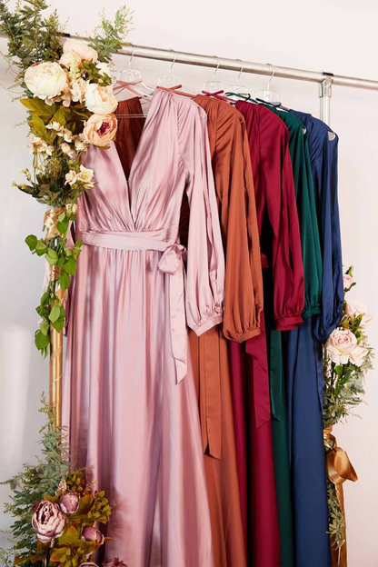 Deep V Neck Long Sleeve Satin Wrap Dress , Prom Dress C1393